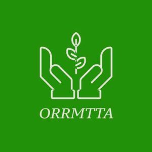 Two white outlined hands holding a growing plant with the text "ORRMTTA" below, on a solid green background.